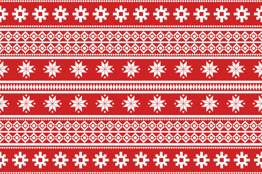 Red and White Nordic Christmas Pattern with Snowflakes - Traditional Fair Isle Winter Design
