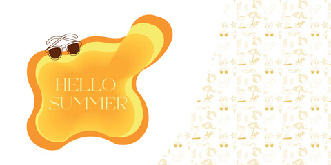 Hello, summer greeting with sunglasses and an abstract orange splash on a white background, featuring a summer icons pattern. Warm season vector illustration. © MSTRABEA