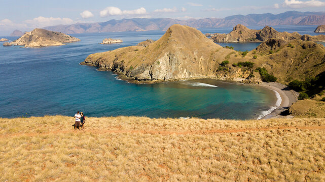 Aerial View of Couple Hiking on Padar Island, Komodo National Park, Indonesia