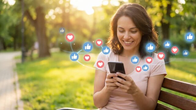 Smiling Woman Using Smartphone Outdoors With Social Media Icons Floating Around Her