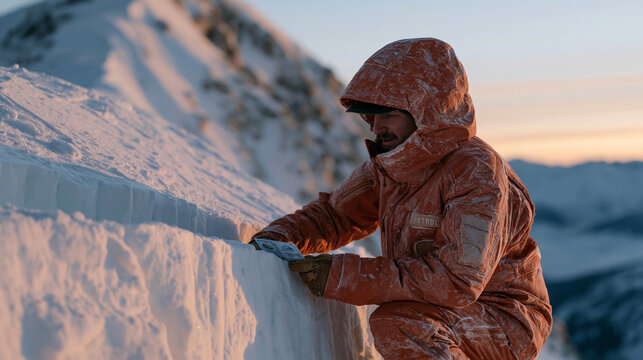 Avalanche forecaster in insulated ski patrol uniform digging rectangular snow pit on exposed alpine slope above ski resort using crystal identification card to analyze weak layer