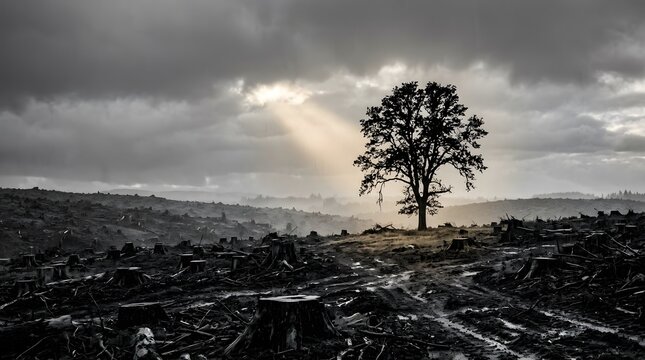 Solitary tree standing in a barren deforested environment, symbolizing resilience amid environmental destruction.