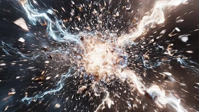 Abstract spherical object exploding with energy and debris in space.