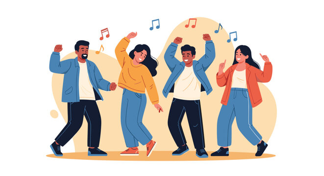 Happy group of friends dance together with colorful music notes in the background, celebrating a party or festive event with joy and energy.