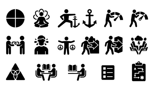 DBT Therapy and BPD Recovery Silhouette Icon Set - Mindfulness Emotion Regulation and Mental Health Skills