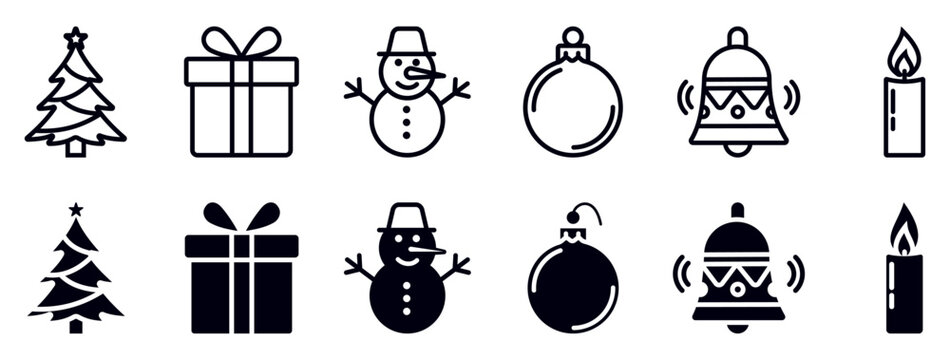 Christmas icons set featuring christmas tree, gift, snowman, ornament, bell, candle, holiday, winter, festive, decoration, celebration, seasonal, xmas symbols collection in outline and glyph style.
