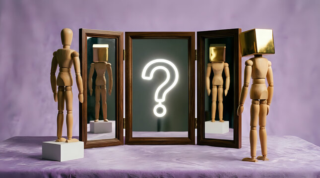 Artistic wooden mannequins standing before a tri-fold mirror with neon question mark reflection