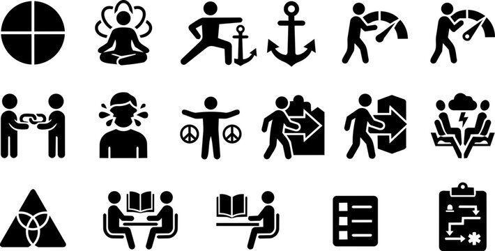 DBT Therapy and BPD Recovery Silhouette Icon Set - Mindfulness Emotion Regulation and Mental Health Skills