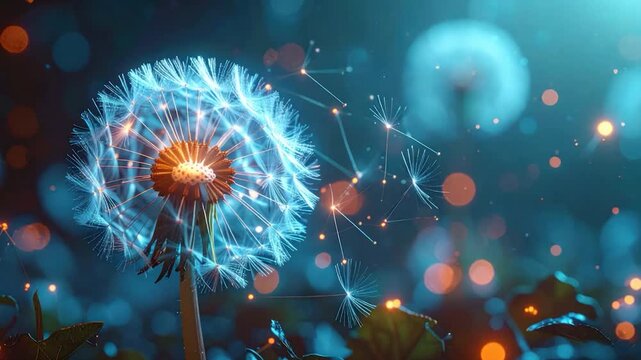 Macro view of a luminous dandelion seed head with glowing particles against a dark bokeh background
