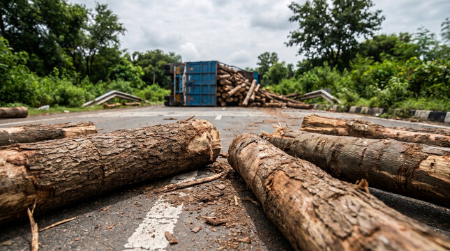 Overturned Indian truck with heavy logs scattered across the asphalt road