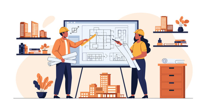 Male and female architects in hard hats discussing a building blueprint on a large digital screen in an office.