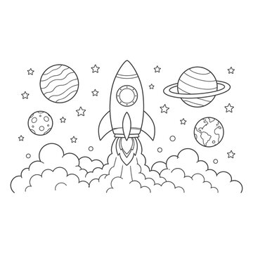 Space rocket launching into cosmos with planets stars and clouds line art drawing.