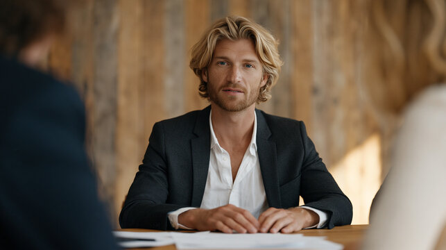 Closing attorney seated between buyer and seller at a long real estate escrow table covered in title documents, mortgage officer sliding final deed transfer form across to nervous
