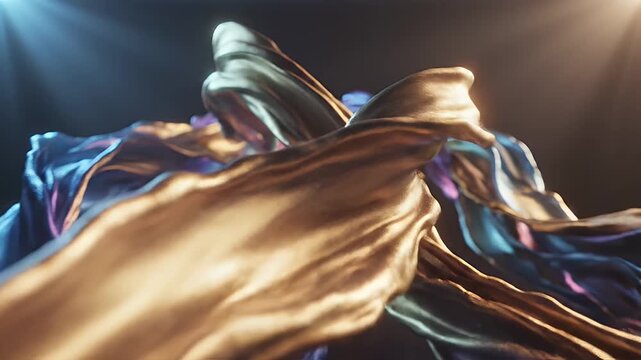 Abstract flow of iridescent fabric in dramatic lighting.