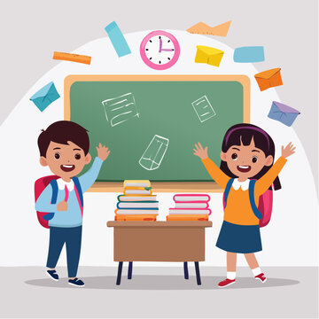 Happy Children with Backpacks and Books at School