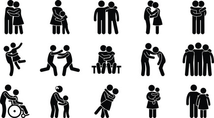 Naklejka premium Couple and Relationship Stick Figure Icon Set Featuring Love Affection Support Friendship Togetherness and Human Connection
