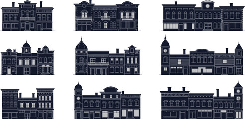 Obraz premium Black and White Vector Silhouette Collection of Historic Small Town Storefronts and Vintage Commercial Buildings for Heritage Main Street Urban Design Projects