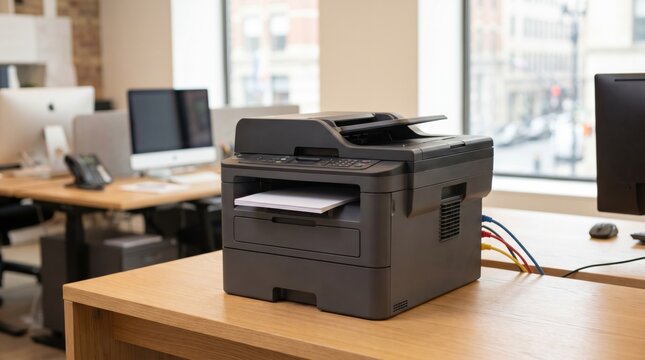 Black laser printer on a wooden desk provides essential document management services within a contemporary open plan office setting featuring computer workstations