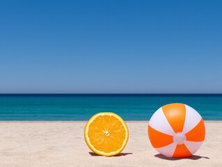 Obraz premium Oversized Orange on Beach with Vibrant Summer Ball Under Clear Blue Sky, Representing Relaxation and Wellness in a Surreal Coastal Scene