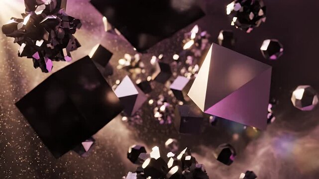 Abstract geometric shapes float in a cosmic nebula with shimmering light.