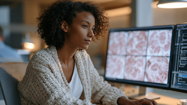 AI software developer annotating dermatology training images in a medical imaging dataset, skin lesion photographs arranged across a calibrated display, machine learning pipeline