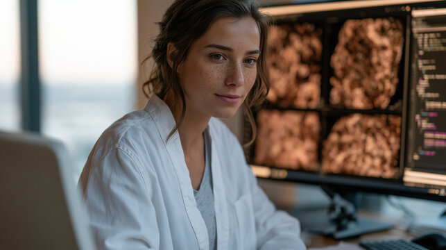 AI software developer annotating dermatology training images in a medical imaging dataset, skin lesion photographs arranged across a calibrated display, machine learning pipeline