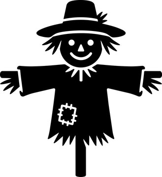 Black scarecrow silhouette icon with hat, straw hair, smiling face, outstretched arms, patched shirt, and clean cutout details, isolated on white background.