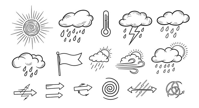 Weather icons set hand drawn sketch style isolated on transparent background