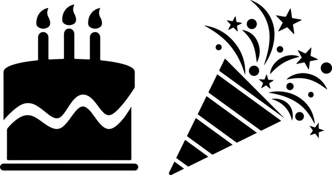Birthday cake and party popper celebration icons with birthday, confetti
