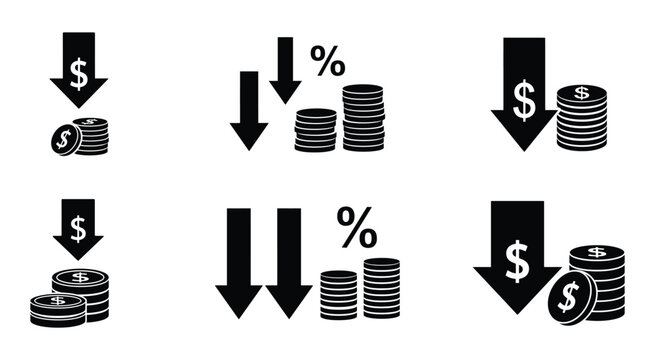 Lower Taxes Icon Set Black Silhouette On White Background reduction