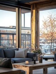 Fototapeta premium Modern Living Space with Panoramic View Contemporary Interior Design Cozy Environment Inviting Atmosphere