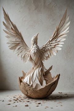 Intricate paper sculpture of a phoenix bird emerging from a broken eggshell with spread wings representing rebirth and new beginnings in a minimalist artistic style