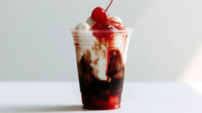 Dirty Soda with Cherry Syrup Cream Swirls and Pebble Ice in Clear Cup Beverage Trend