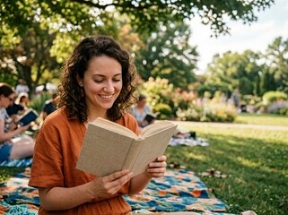 Fototapeta premium Book enthusiast immersed in a public literary event