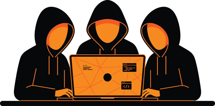 Cyber Security Team Working on Laptop Illustration with Anonymous Hackers and Data Protection Concept
