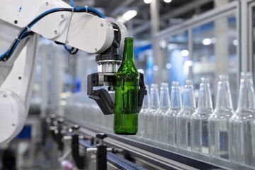 Naklejka premium Robotic arm gripper holding green glass bottle in a modern automated beverage production facility with conveyor belt and clear bottles for industrial manufacturing process