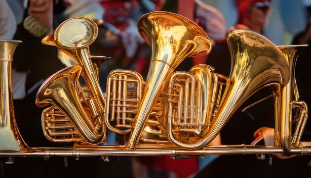 Close-up of gleaming brass tubas and euphoniums in a band setting.
