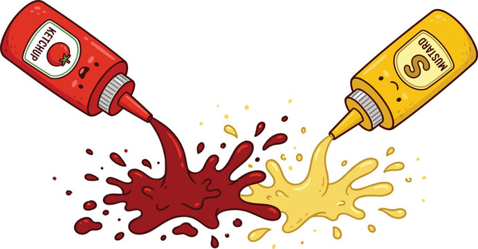 Cute cartoon red ketchup and yellow mustard squeeze bottles pouring splashing sauce drops isolated vector illustration background