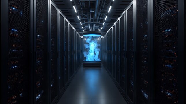 Futuristic automated server room infrastructure with neon blue status lights, AI-generated