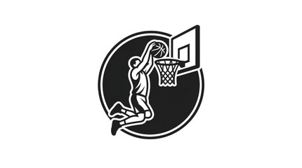 Basketball player performing a slam dunk in a circular emblem. © Erda