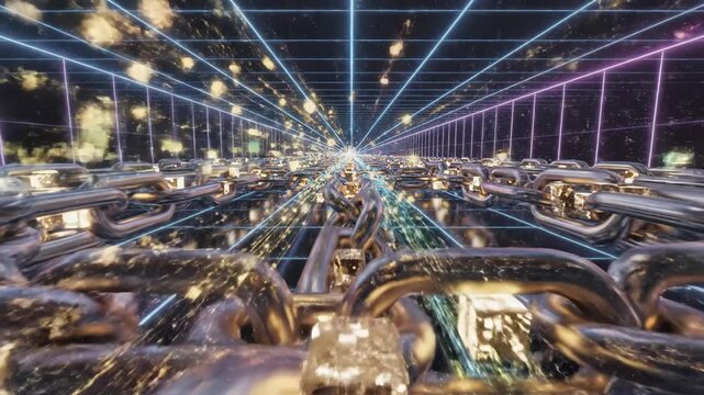 Blockchain technology animation showing data flow through a digital chain network. Represents secure, decentralized systems.