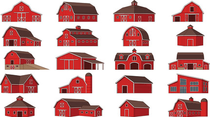 Traditional red barns collection featuring various farm buildings granaries stables agricultural structures and countryside architecture vector illustration © Md