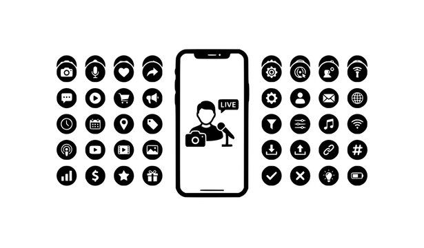 Mobile live streaming and social media icons