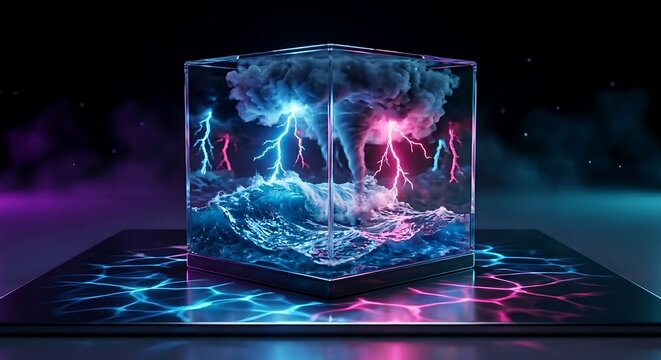 Surreal Abstract Concept of a Powerful Tornado and Lightning Storm Trapped Inside a Glass Cube