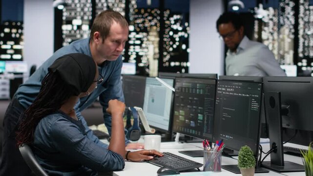 Manager assisting intern automating mobile app development tasks using AI scripts. Supervisor helps trainee leverage AI to accelerate feature implementation.