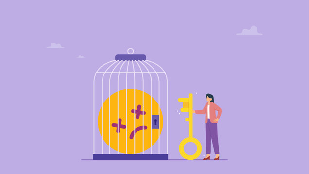 Woman lock negative emoji in birdcage. Bad mood or negative emotions closed in cage. Positive thinking or good mood helps to live and work, mental health concept.