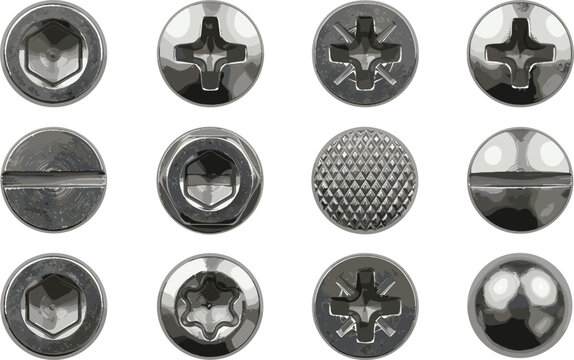 Metallic screw heads and bolt tops collection featuring phillips slotted torx hex and rivet fasteners vector illustration