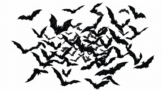 Flock of flying bats silhouette swarm isolated on white background spooky halloween decoration element gothic horror vector illustration