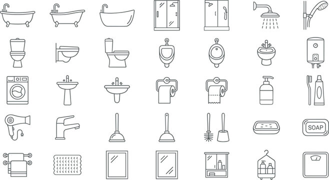 Bathroom and restroom linear icons set featuring bathtub toilet shower sink faucet washing machine and plumbing equipment vector illustration