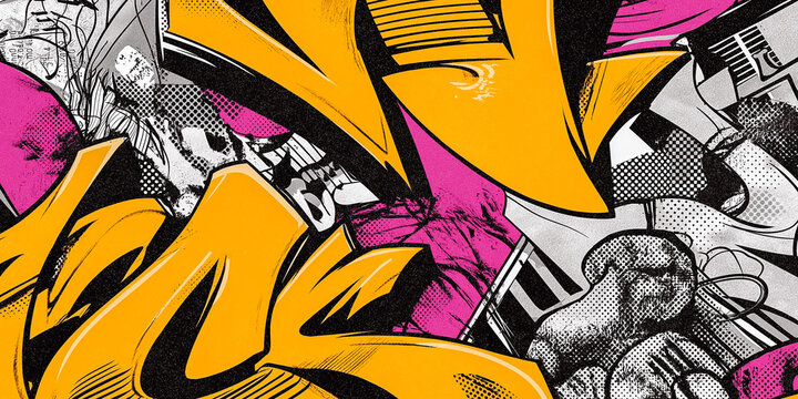 Colorful graffiti artwork featuring bold yellow lettering and vibrant pink accents with abstract shapes and comic-style illustrations in a dynamic urban setting